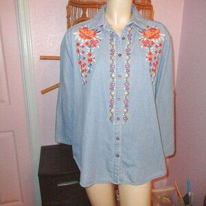 Vtg Embroidered Chambray Denim Shirt Size XL Tunic Top Bloomcore Boho Western